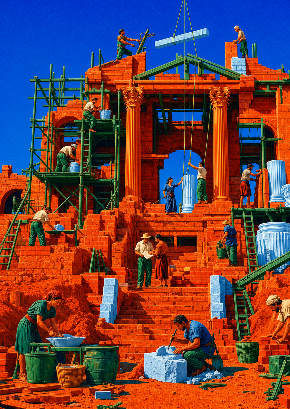 Workers constructing a grand orange stone building, representing building your branded agent from the ground up.