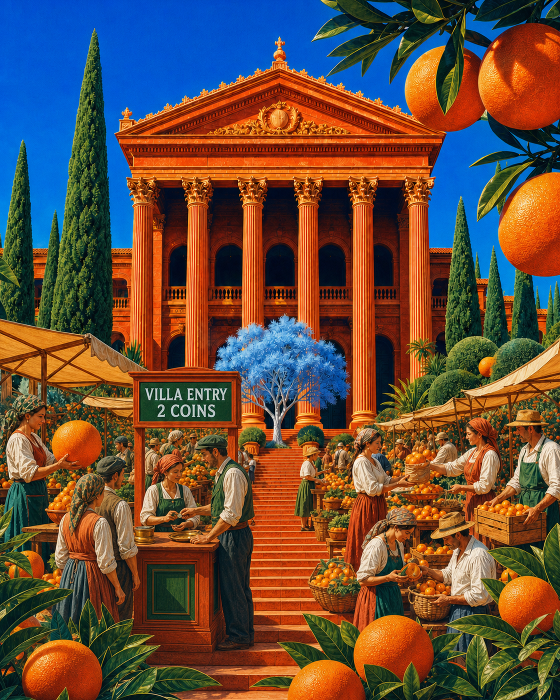 A marketplace selling oranges outside a grand villa with a sign reading Villa Entry 2 Coins, representing monetizing access to your agent.