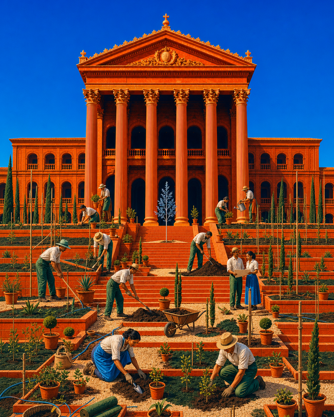 Gardeners tending rows of young trees in front of a grand orange villa, representing continuously training your agent.